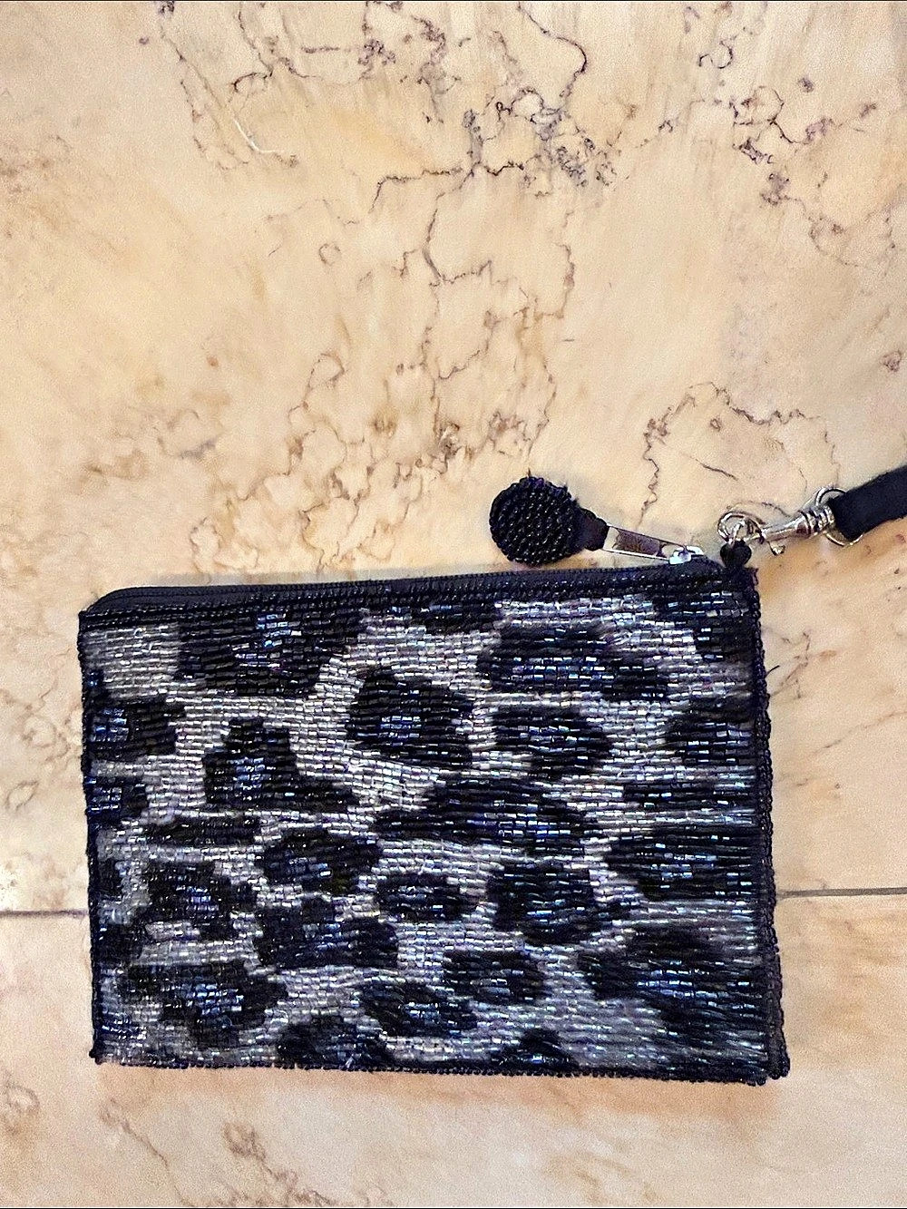 Beaded Animal Print Wristlet in Black & Silver Like New